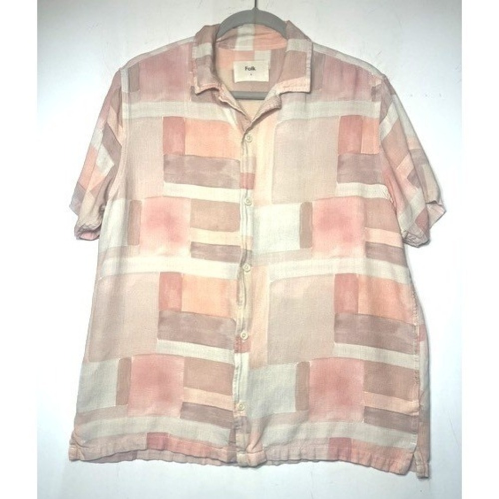 Folk Mens Pink Geometric Block Print Viscose Short Sleeve Camp Collar Shirt L